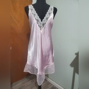 Vintage Sedu Pink Satin Lace Nightgown Slip Dress M Silky Babydoll Lingerie Made
